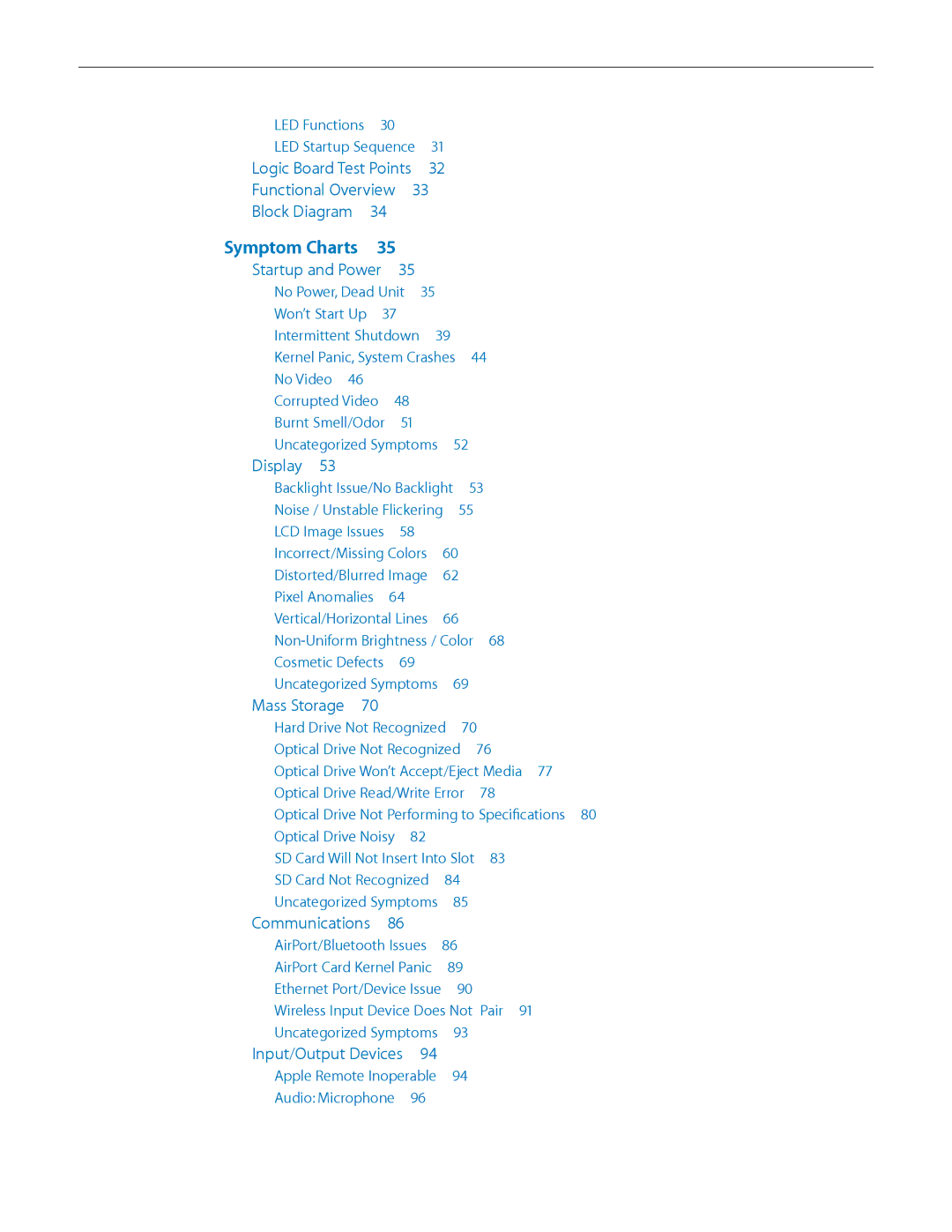 Apple MD094LL/A manual Symptom Charts  